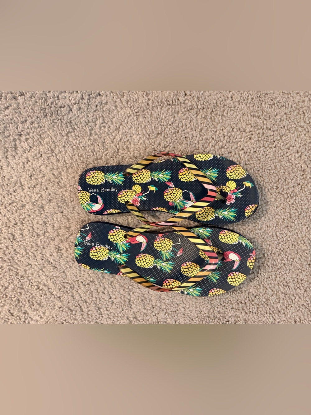 Vera Bradley Navy Flip Flops with Yellow Pineapple Print